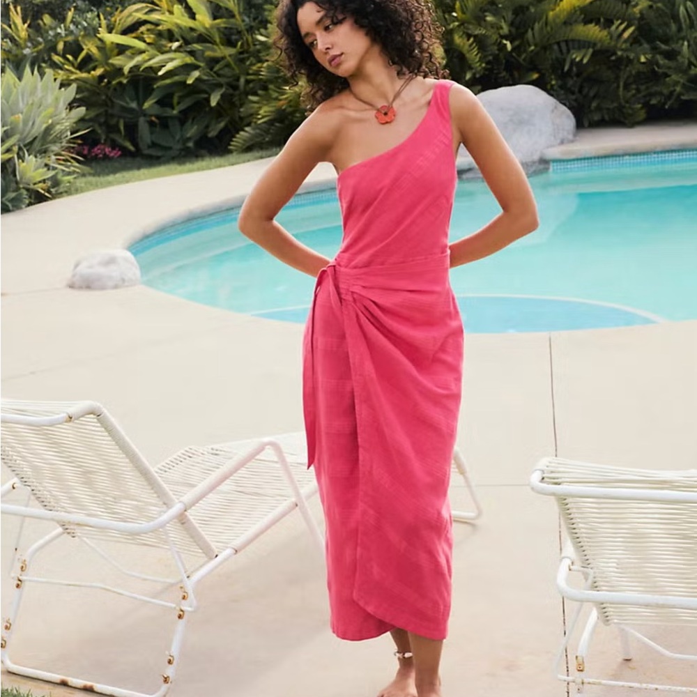 Free People Pink Linen One Shoulder Wrap Midi Dress